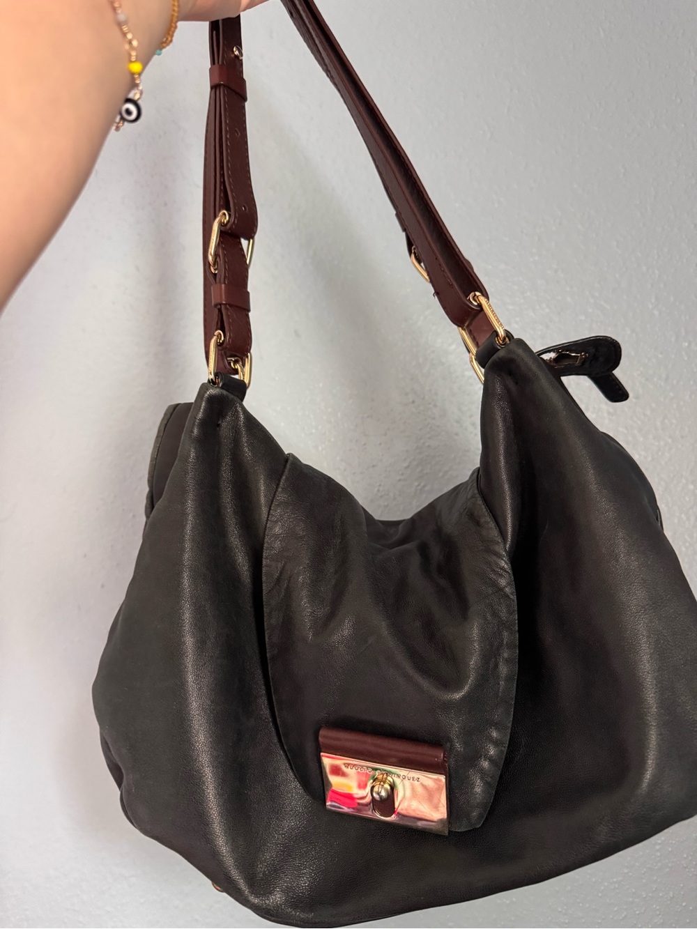 Adolfo Dominguez Black Leather Hobo with Brown Strap and Gold Hardware